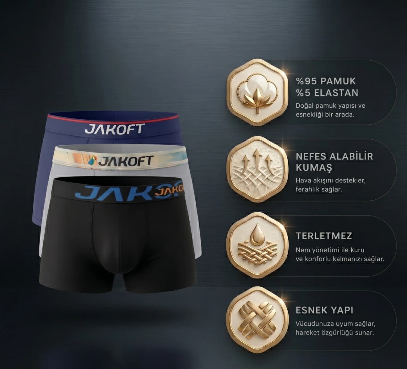Jakoft Classics- Premium Pamuklu Likralı Erkek Boxer 3 Adet Siyah Gri Lacivert - 2