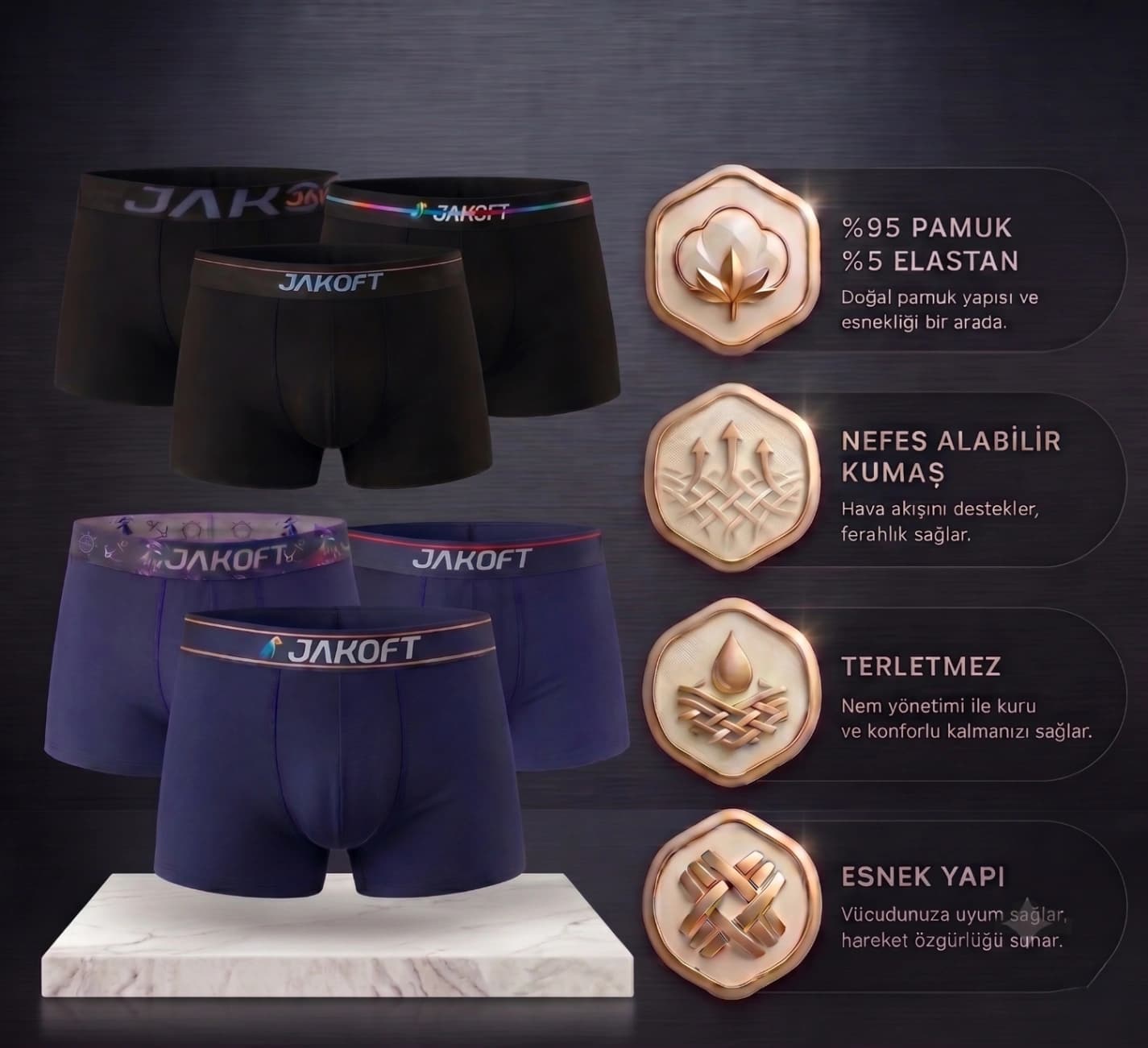 JAKOFT Classic Pamuklu Erkek Boxer 6'lı Paket Siyah-Lacivert - 2