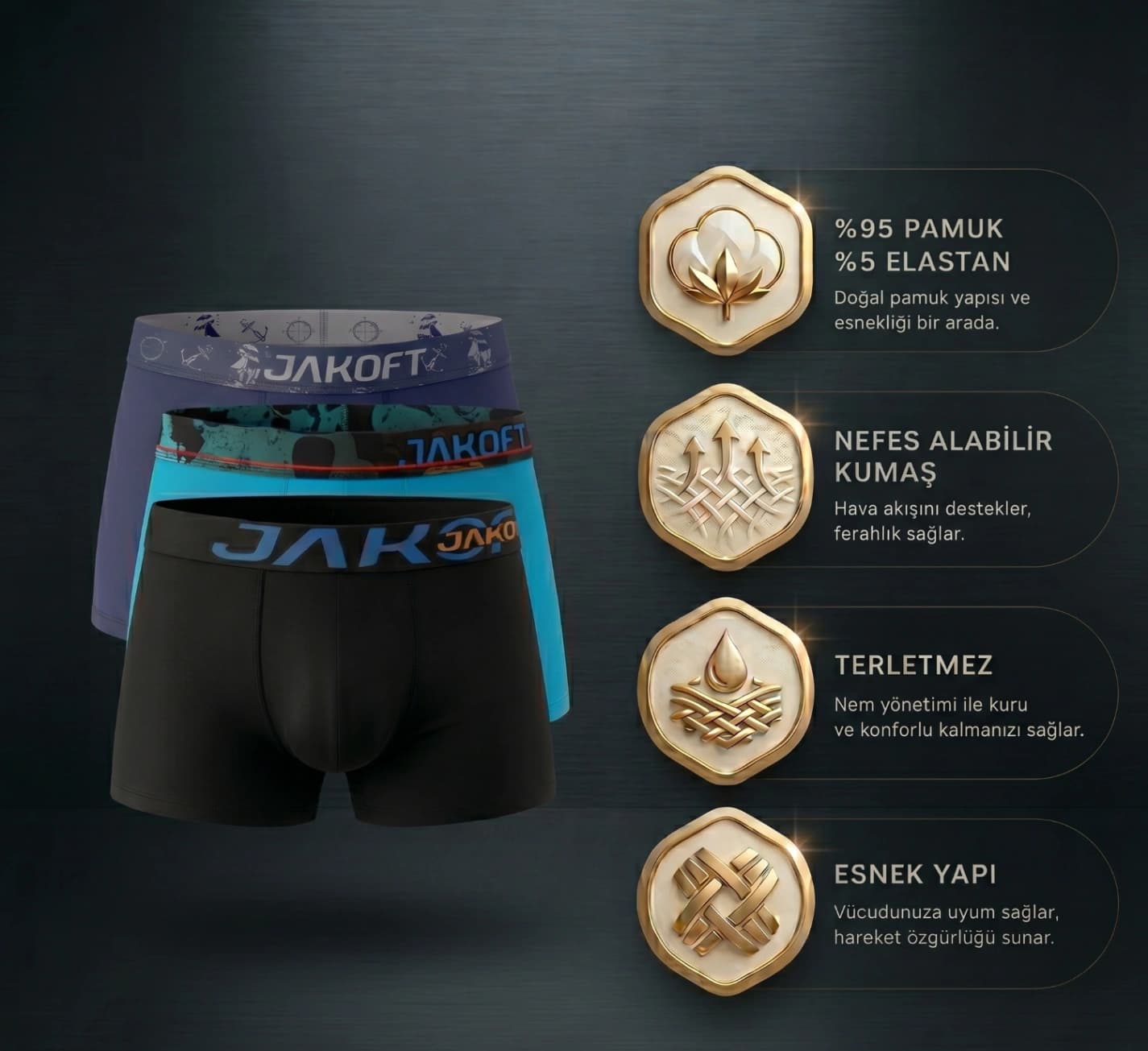 Jakoft Classics- Premium Pamuklu Likralı Erkek Boxer 3 Adet Siyah Lacivert Mavi Renk - 2