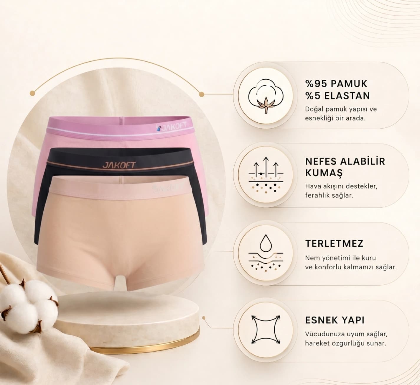 Jakoft Classics Premium Pamuklu Likralı Kadın Boxer 3’lü Set Siyah Pembe Ten - 2