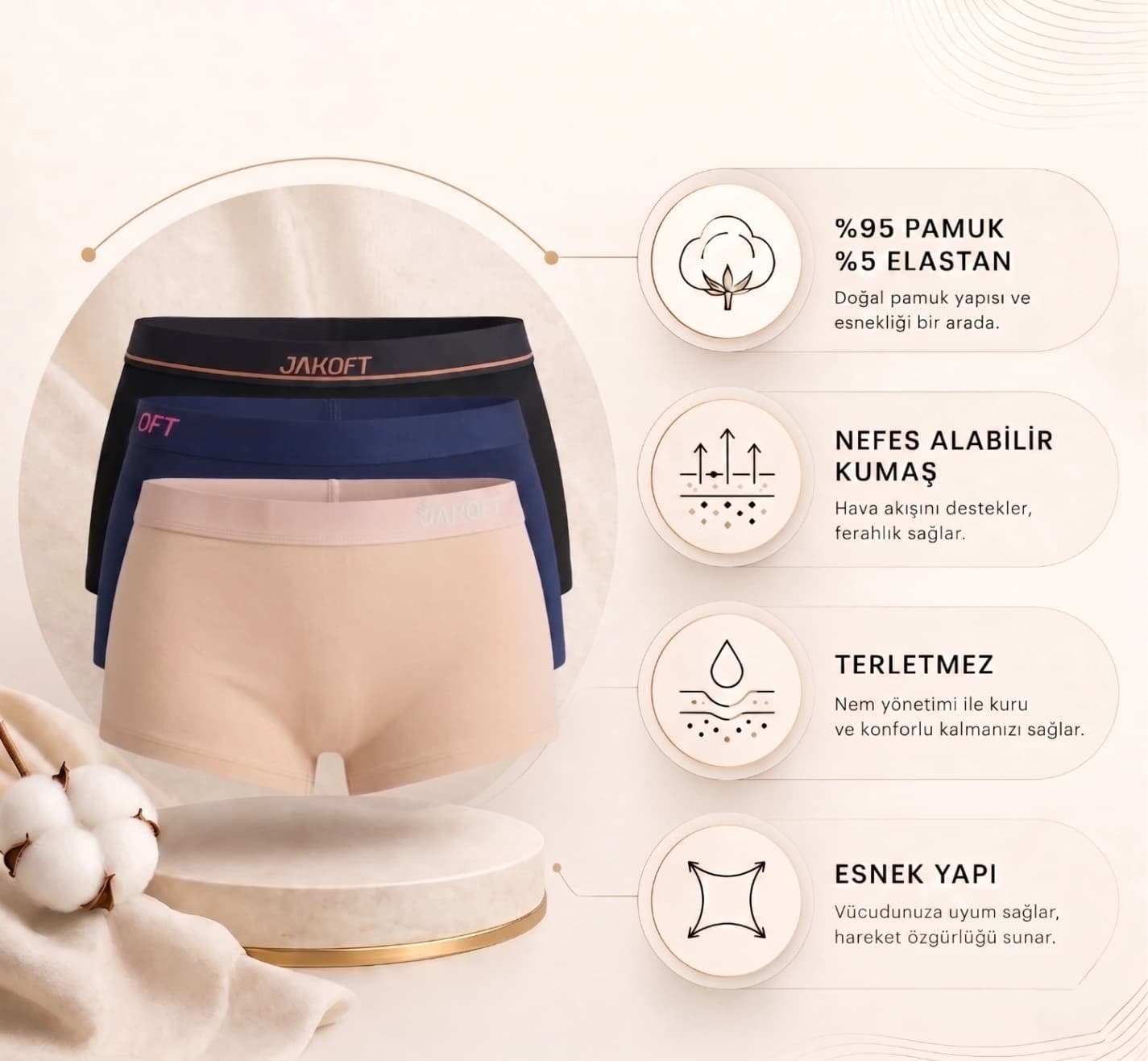 Jakoft Classics Premium Pamuklu Likralı Kadın Boxer 3’lü Set Siyah Lacivert Ten - 2