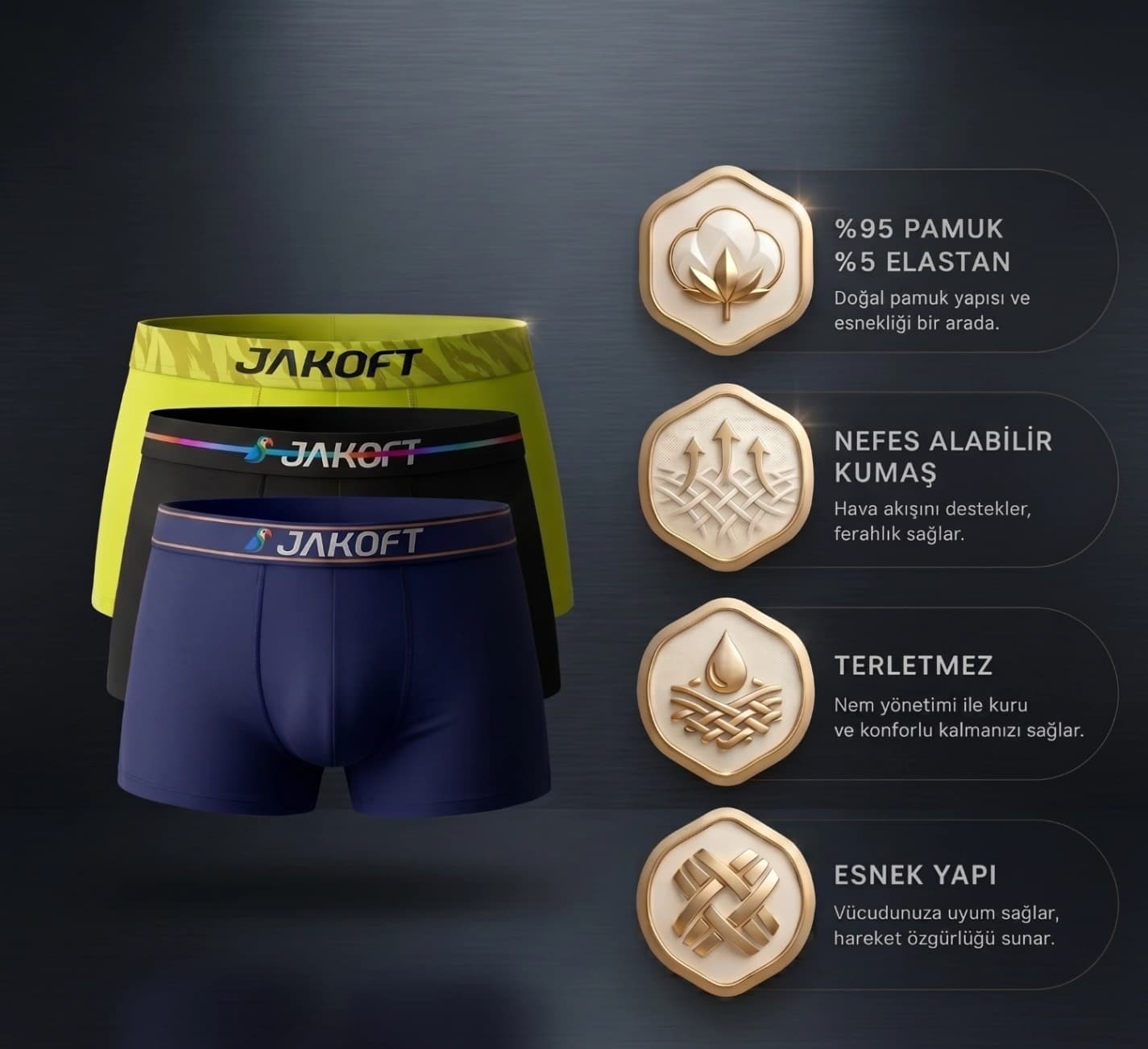 Jakoft Classics- Premium Pamuklu Likralı Erkek Boxer 3 Adet Siyah Sarı Lacivert - 2