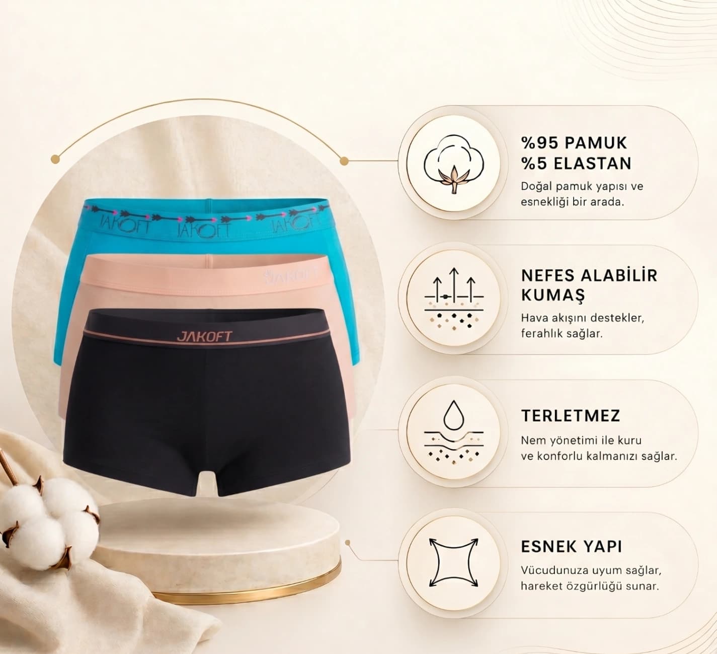 Jakoft Classics Premium Pamuklu Likralı Kadın Boxer 3’lü Set Siyah Mavi Ten - 2
